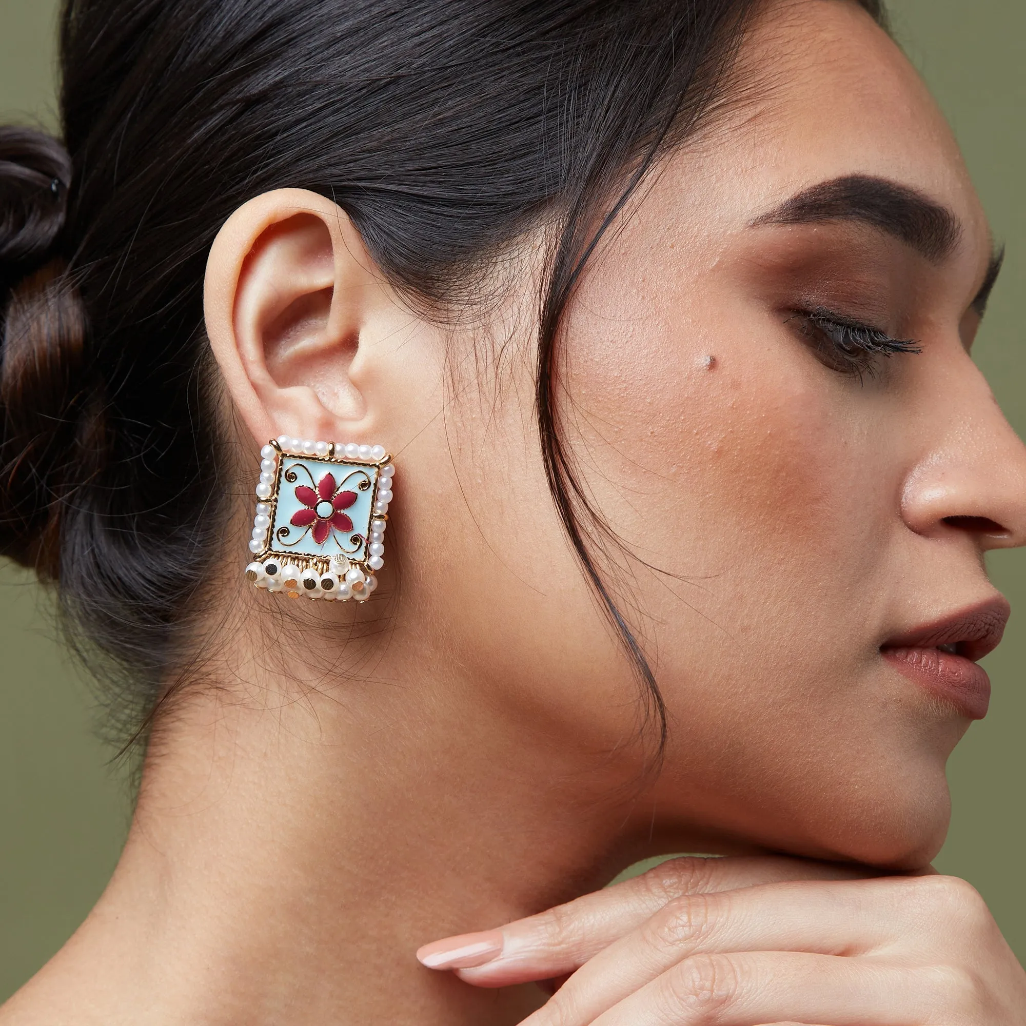 Accessorize London Women's Light Blue Meenakari Pearly Tops Earring