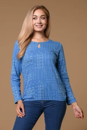 Aztec Bubble Hem Tee -Blue/White