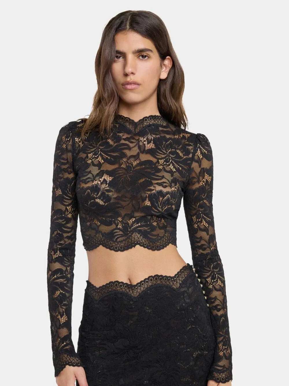 Black Lace Long-Sleeve Crop Top