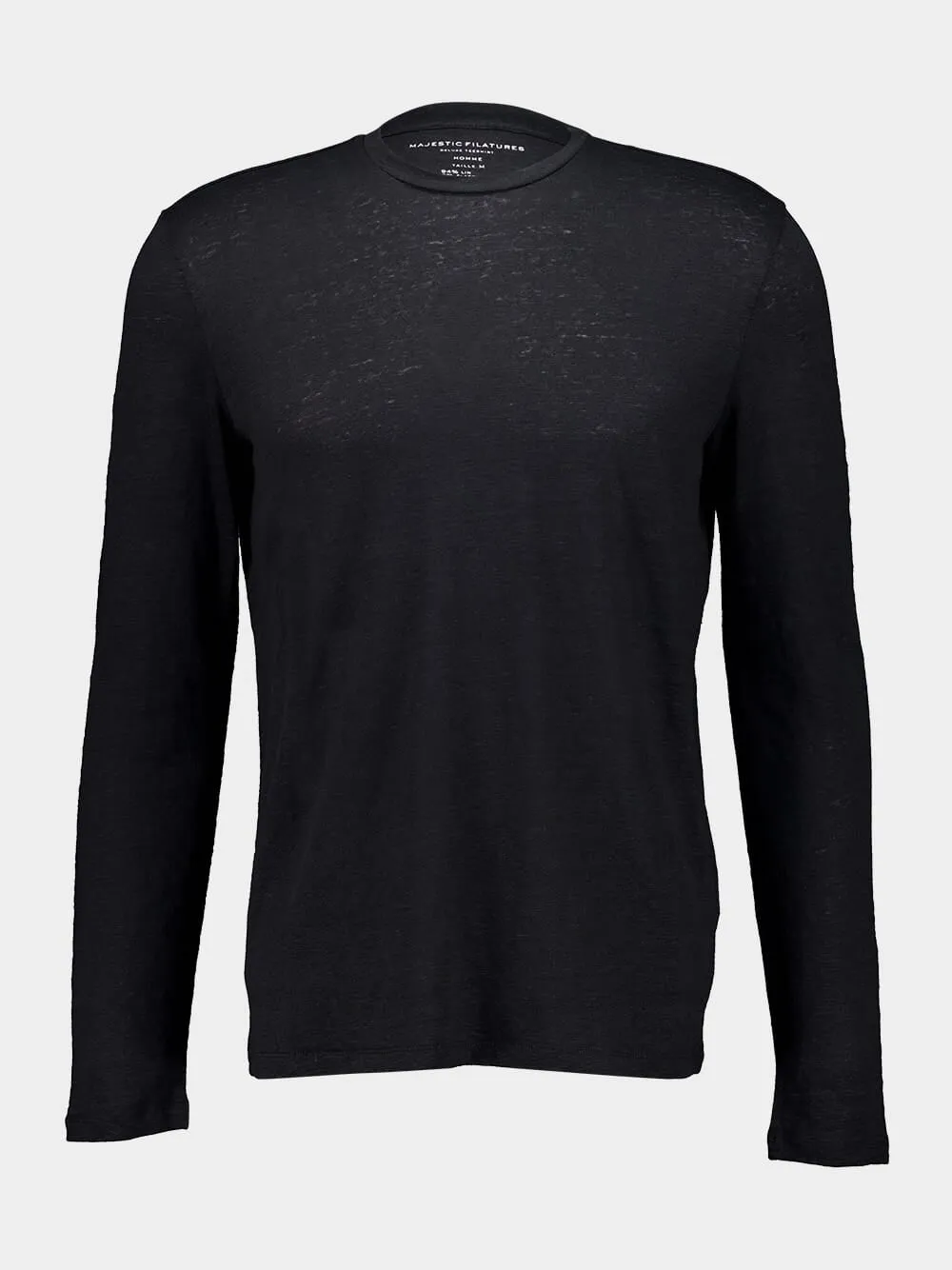 Black Round Neck Long-Sleeved Linen T-Shirt