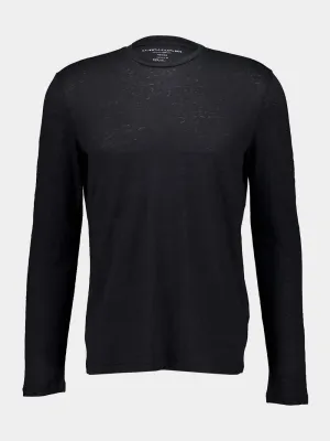 Black Round Neck Long-Sleeved Linen T-Shirt