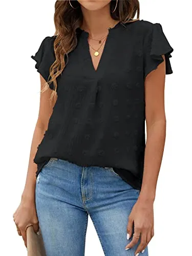 Blooming Jelly Womens White Blouse V Neck Ruffle Sleeve