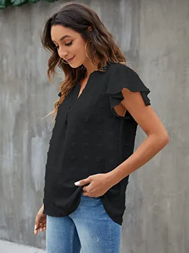 Blooming Jelly Womens White Blouse V Neck Ruffle Sleeve