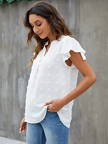 Blooming Jelly Womens White Blouse V Neck Ruffle Sleeve