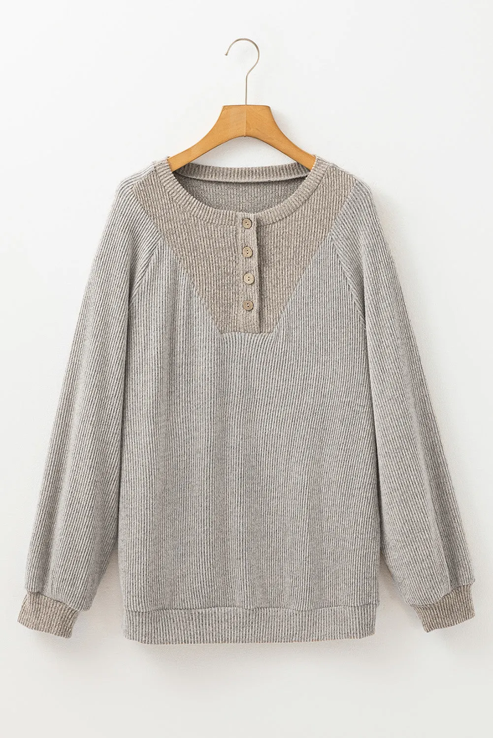 Contrast Quarter Button Round Neck Long Sleeve Top | Casual Tops