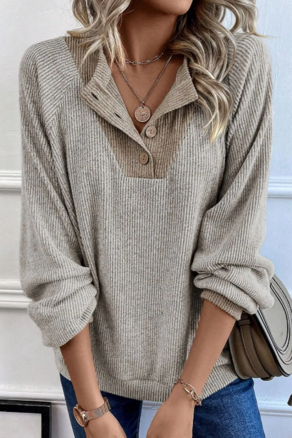 Contrast Quarter Button Round Neck Long Sleeve Top | Casual Tops