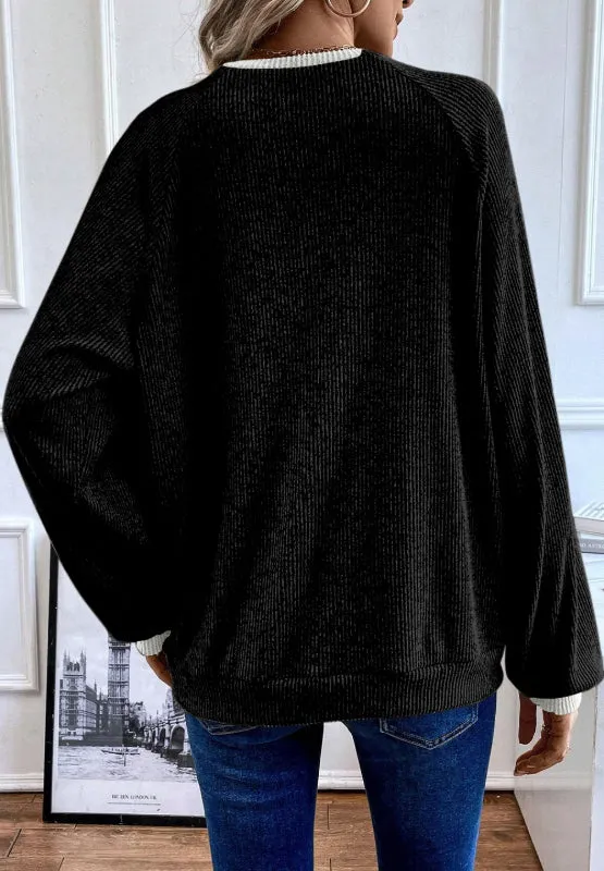 Contrast Quarter Button Round Neck Long Sleeve Top | Casual Tops