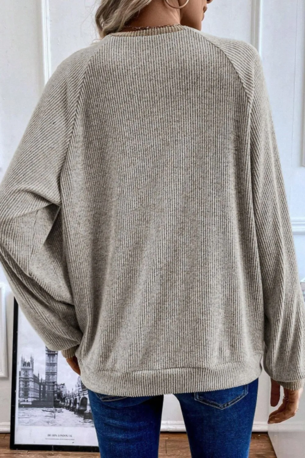 Contrast Quarter Button Round Neck Long Sleeve Top | Casual Tops