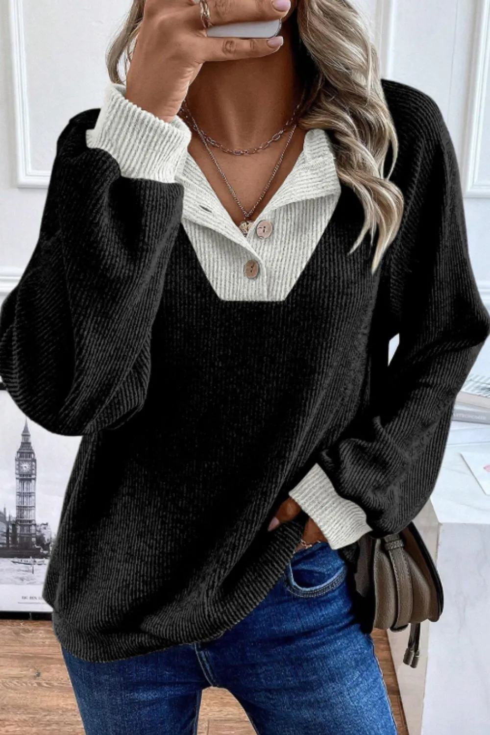 Contrast Quarter Button Round Neck Long Sleeve Top | Casual Tops