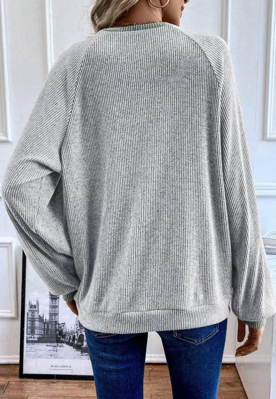 Contrast Quarter Button Round Neck Long Sleeve Top | Casual Tops