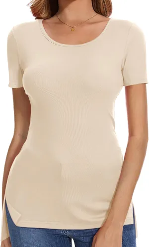 Crew Neck Short Sleeve Tshirt for Women Side Slit Long Casual Tunics Fitted Tees Tops Summer 2025