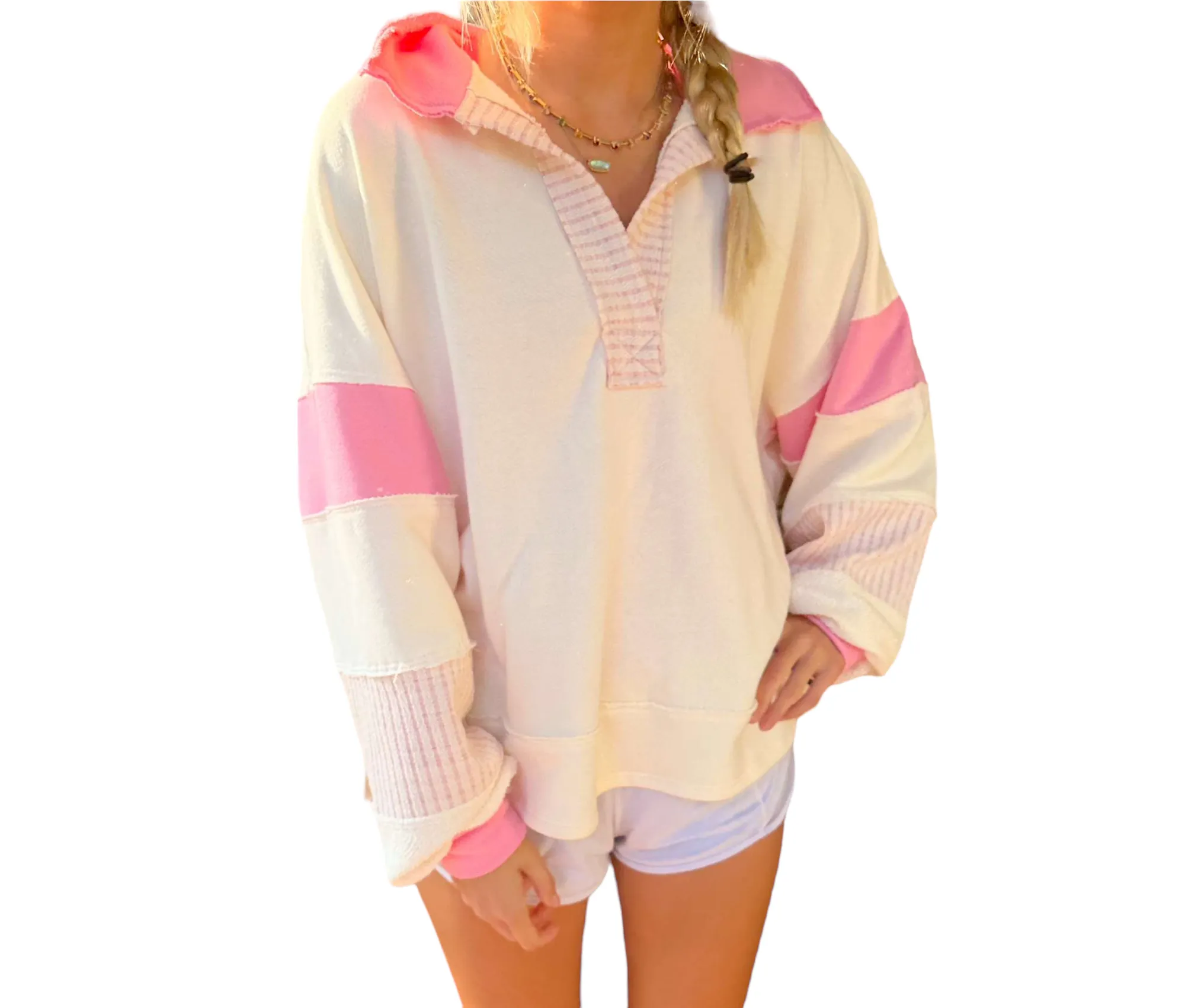 Dawson Top: Pink & Ivory Color-Block Collared Top