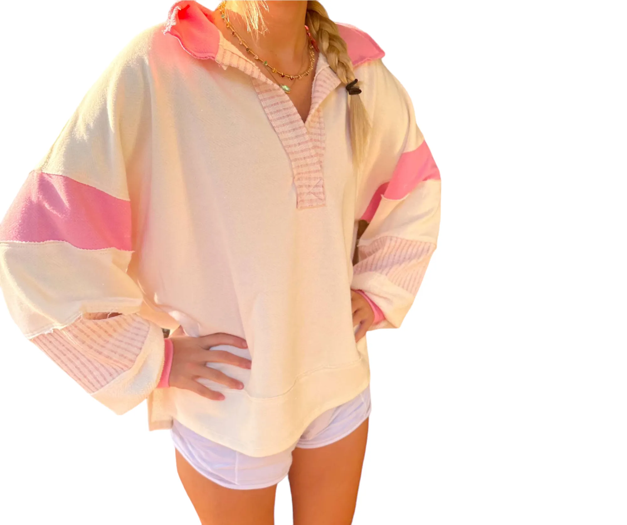 Dawson Top: Pink & Ivory Color-Block Collared Top