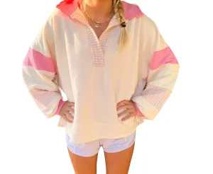 Dawson Top: Pink & Ivory Color-Block Collared Top