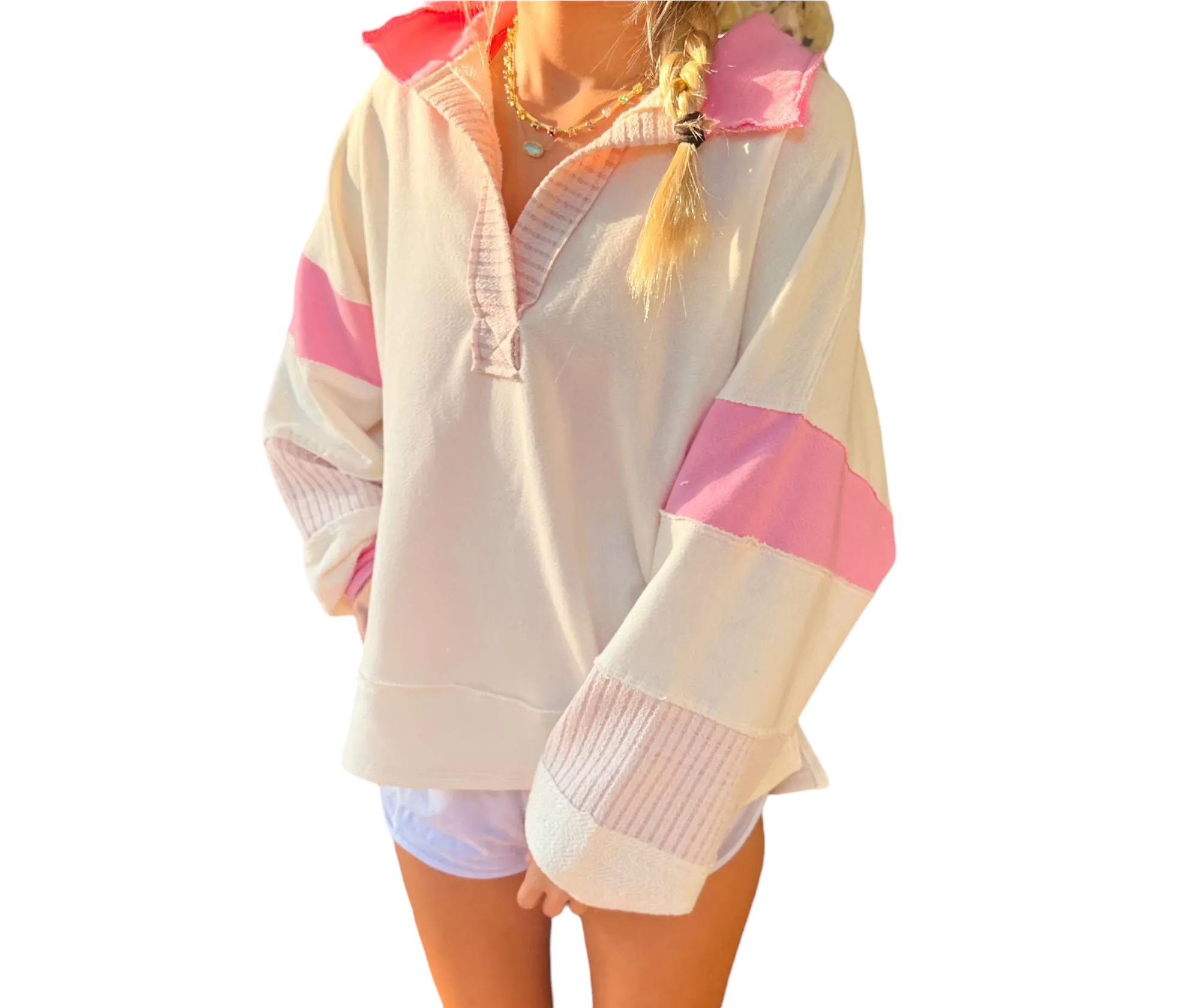 Dawson Top: Pink & Ivory Color-Block Collared Top