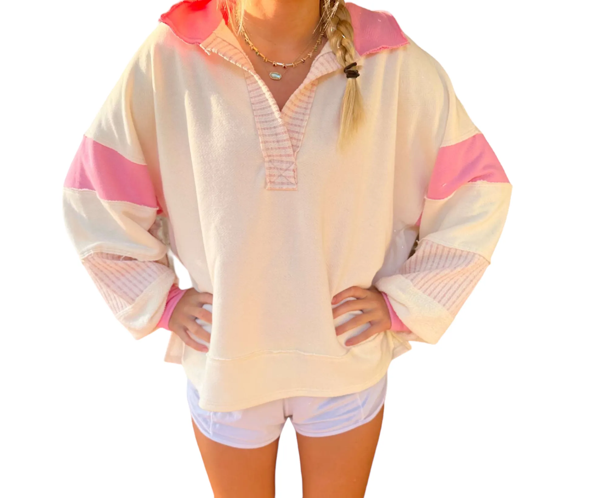 Dawson Top: Pink & Ivory Color-Block Collared Top