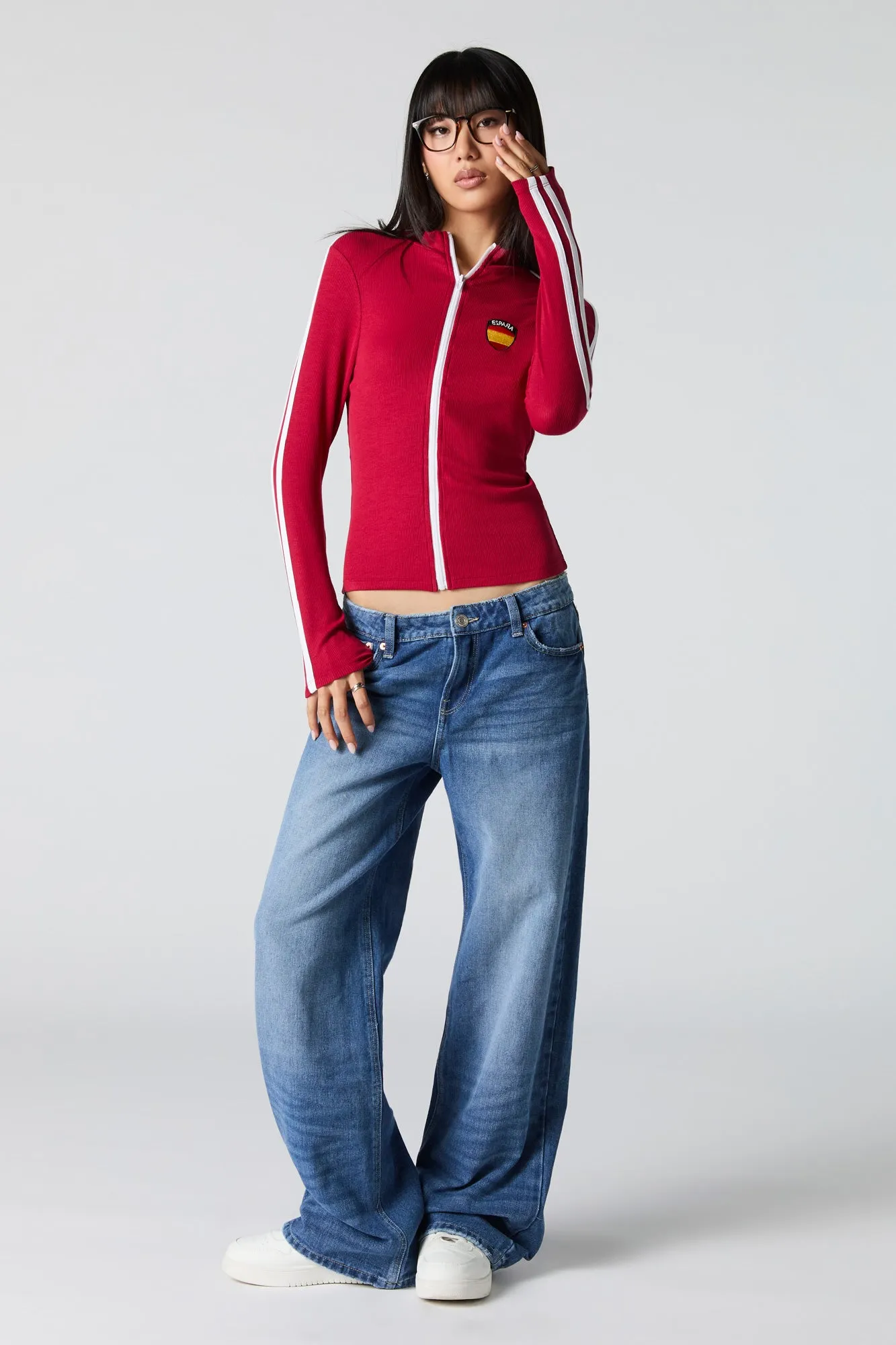 Embroidered Ribbed Zip-Up Sporty Top