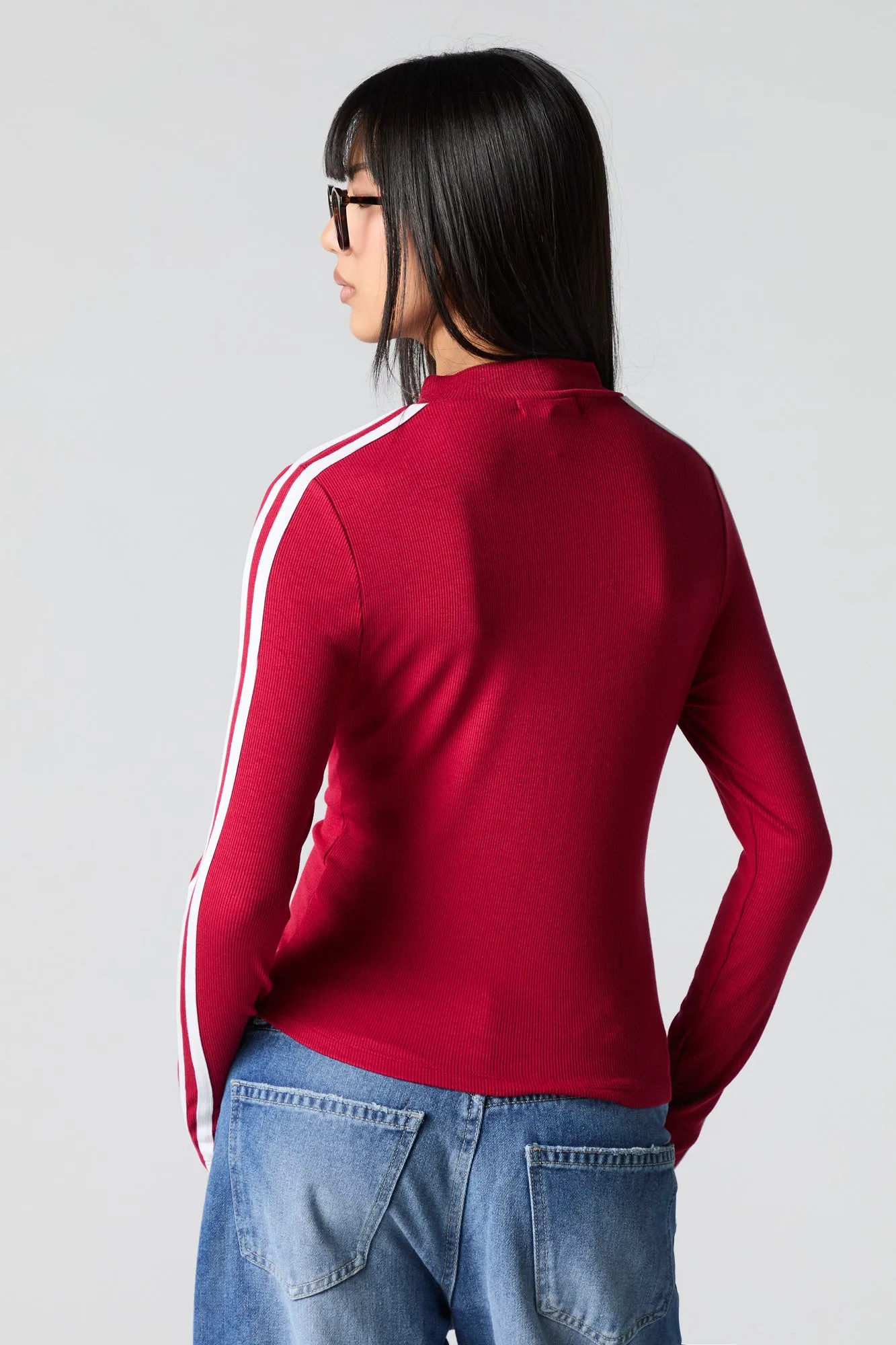 Embroidered Ribbed Zip-Up Sporty Top