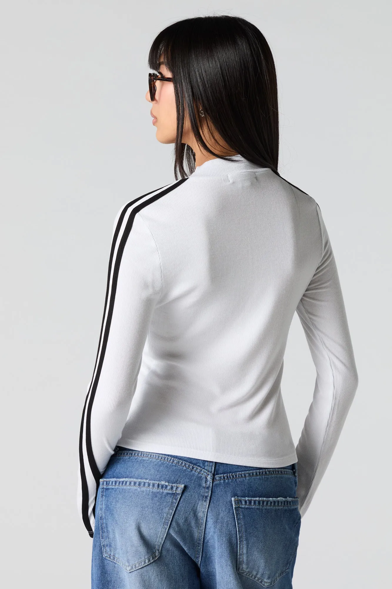 Embroidered Ribbed Zip-Up Sporty Top
