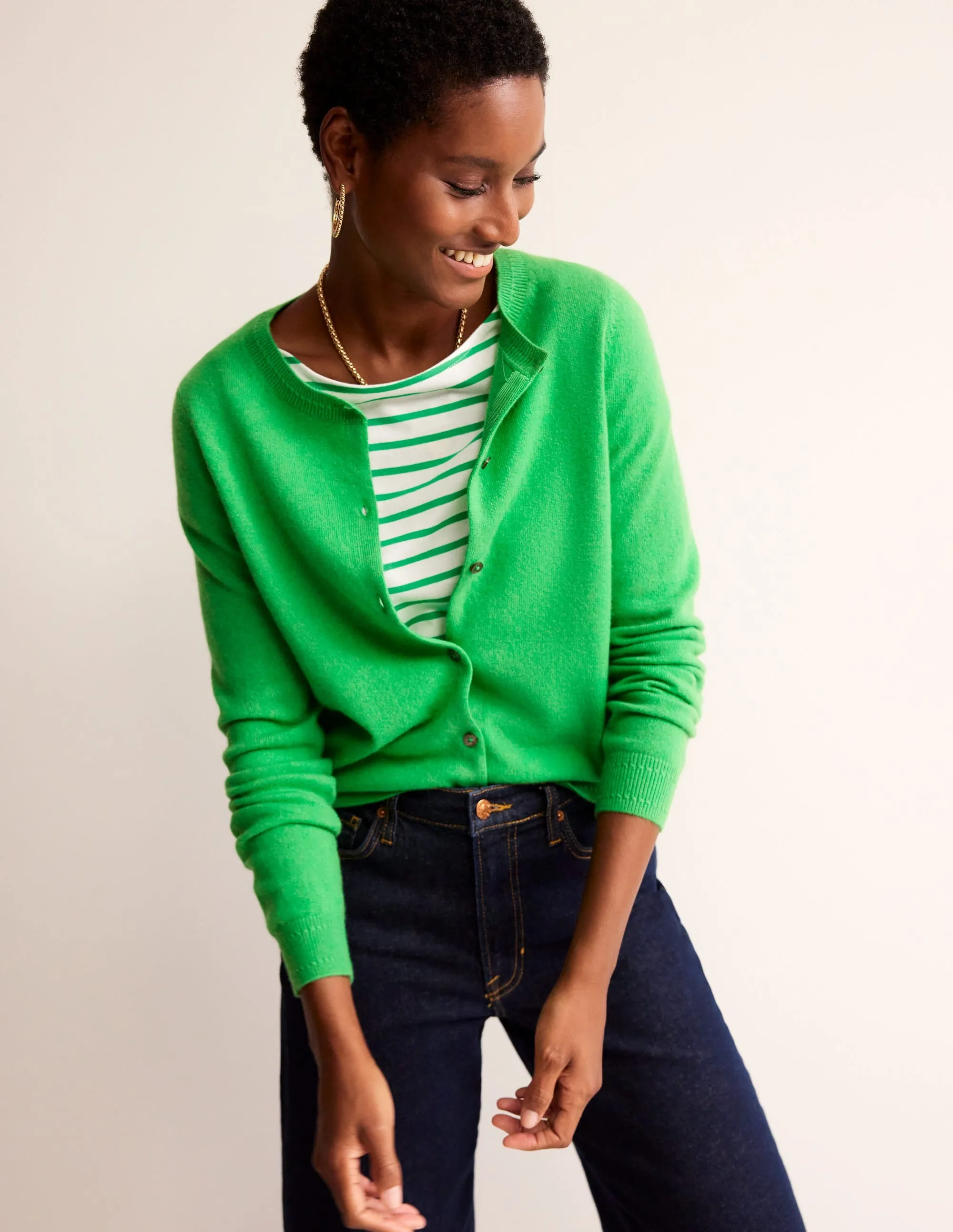 Eva Cashmere Crew Cardigan-Bright Green