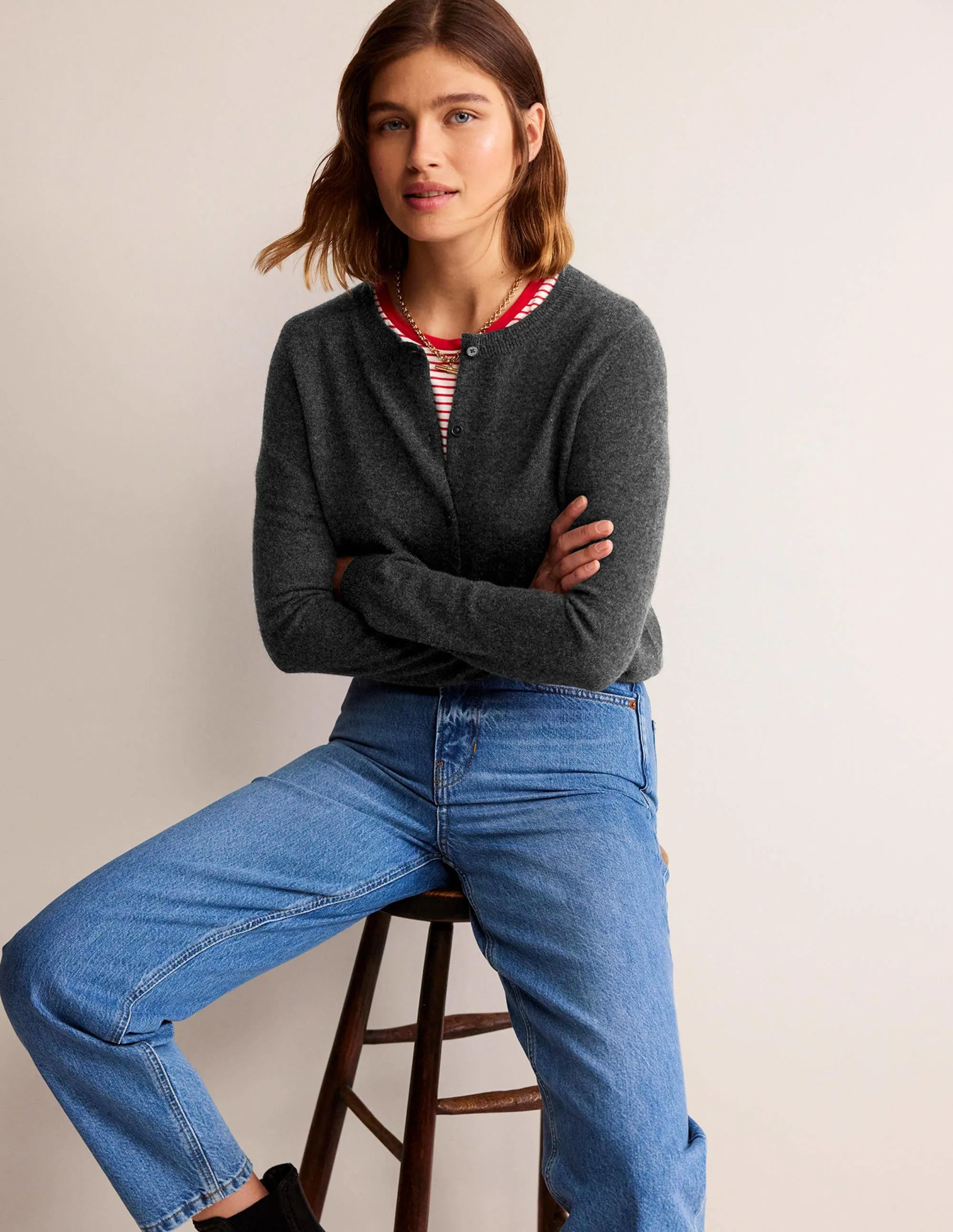 Eva Cashmere Crew Cardigan-Charcoal Melange
