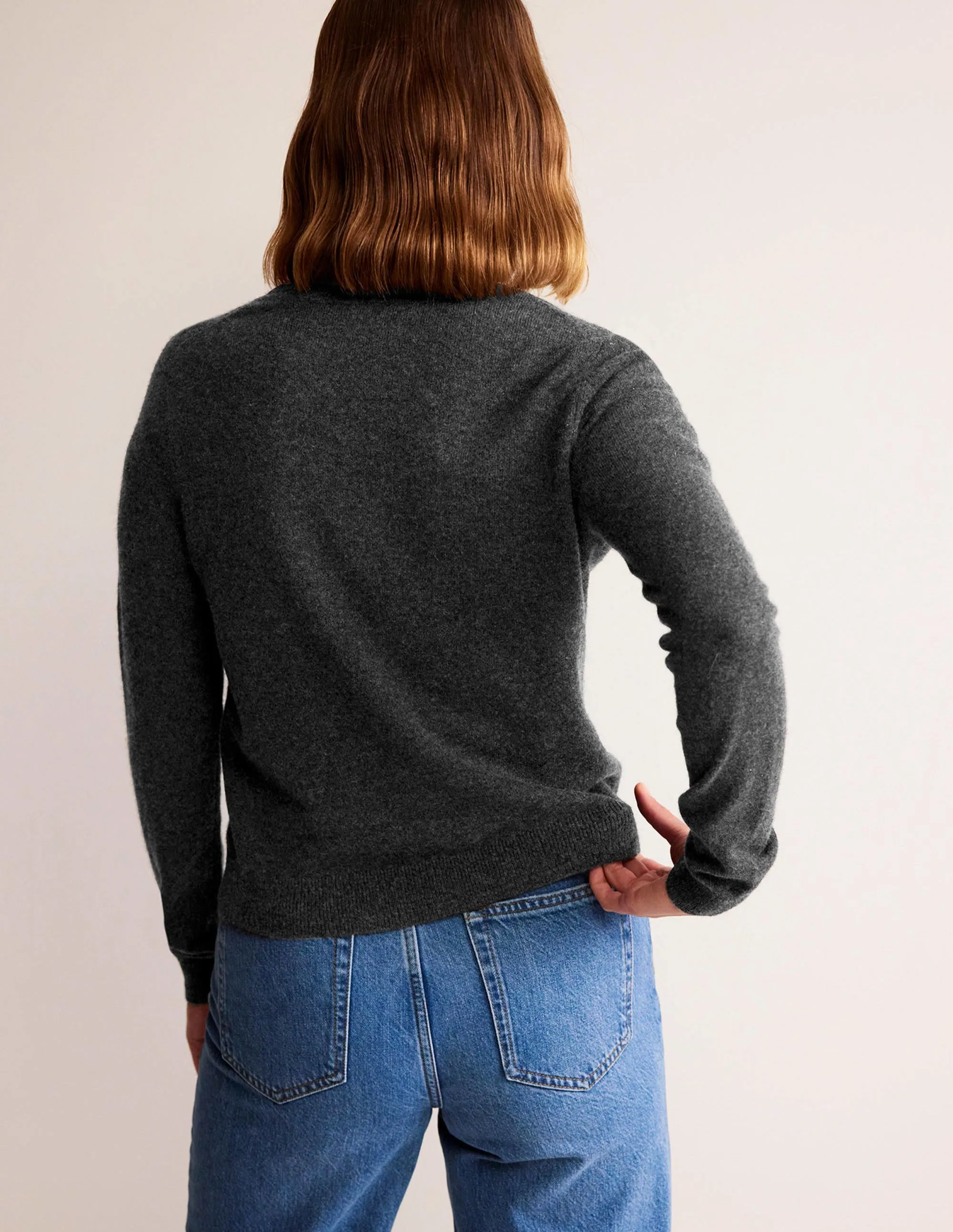 Eva Cashmere Crew Cardigan-Charcoal Melange