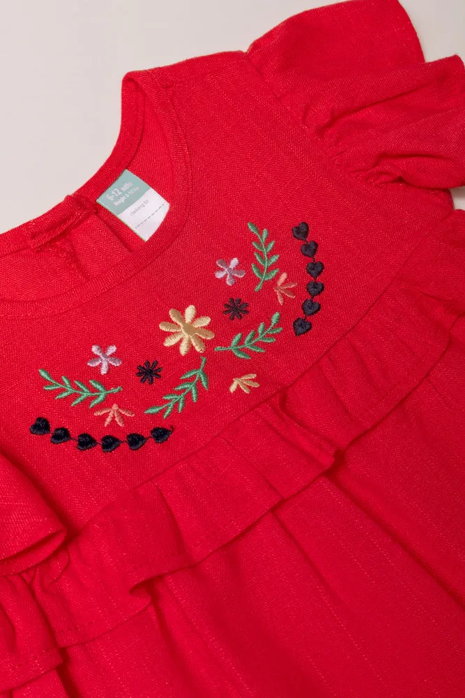 Frilly Embroidered Top Red