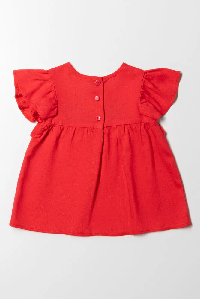 Frilly Embroidered Top Red