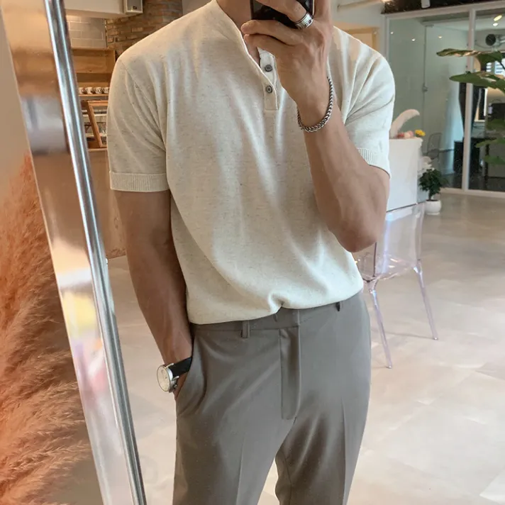 [Korean Style] 4 Colors Lapel Basic Button T-shirts