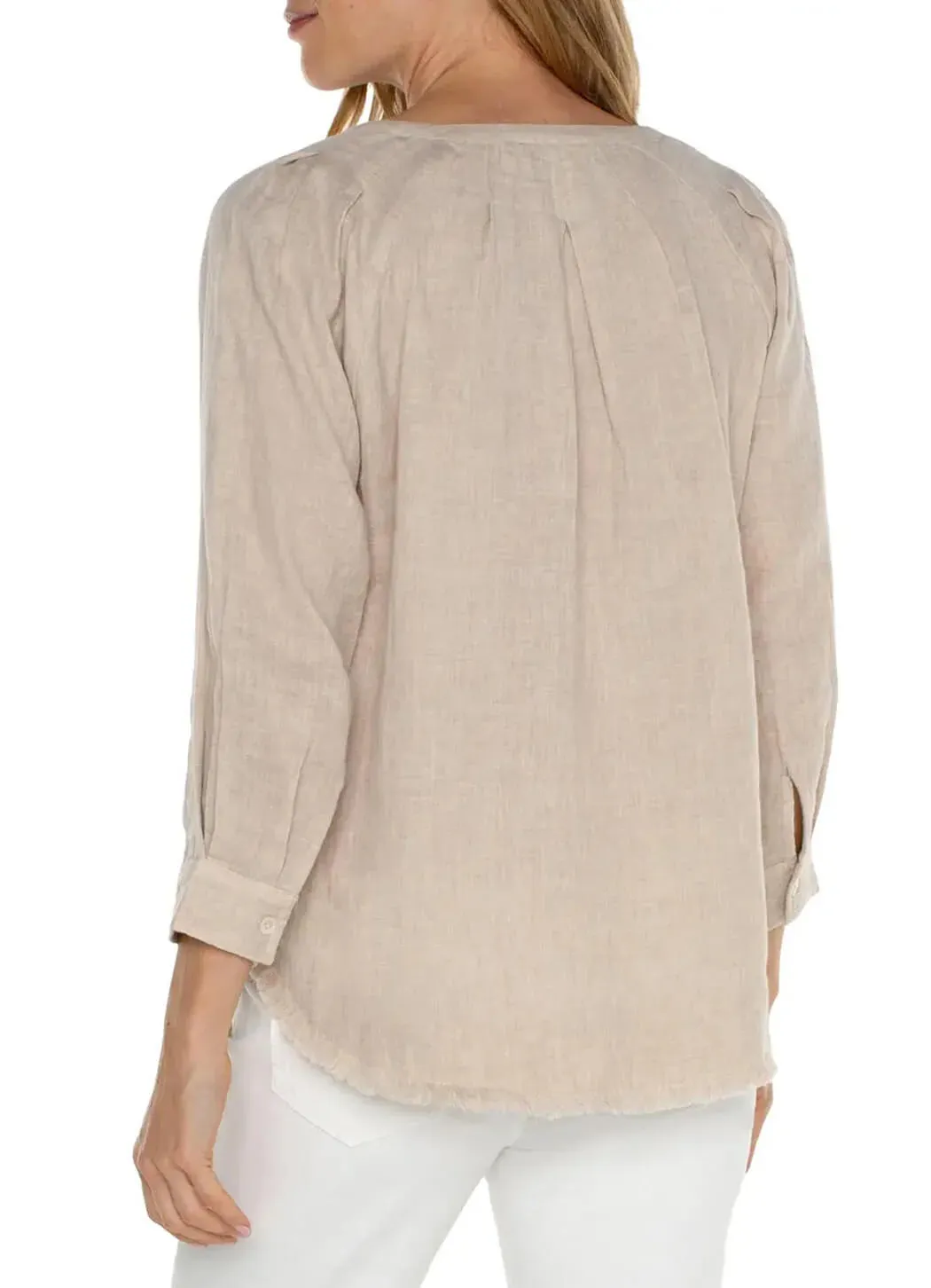 Liverpool 3/4 Slv Raglan Top w/ Pleats and Fray | Beige