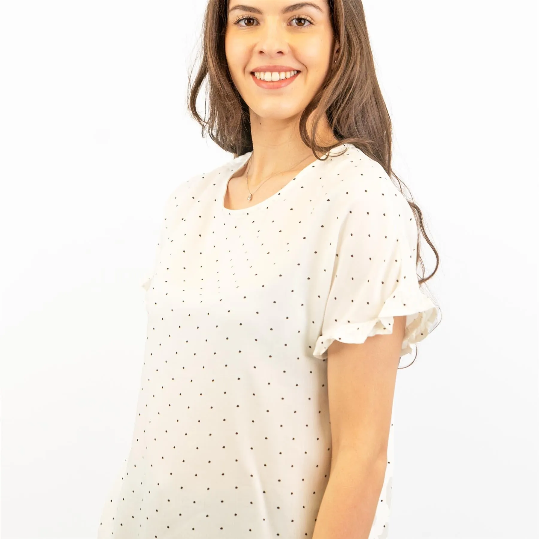 M&S Ivory Lightweight Blouse Frill Short Sleeve Round Neckline Spotty Polka Dot Tops