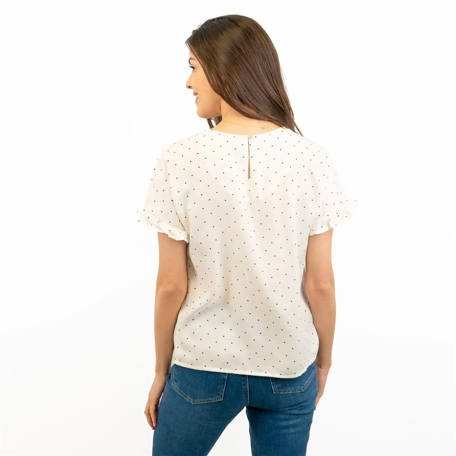 M&S Ivory Lightweight Blouse Frill Short Sleeve Round Neckline Spotty Polka Dot Tops