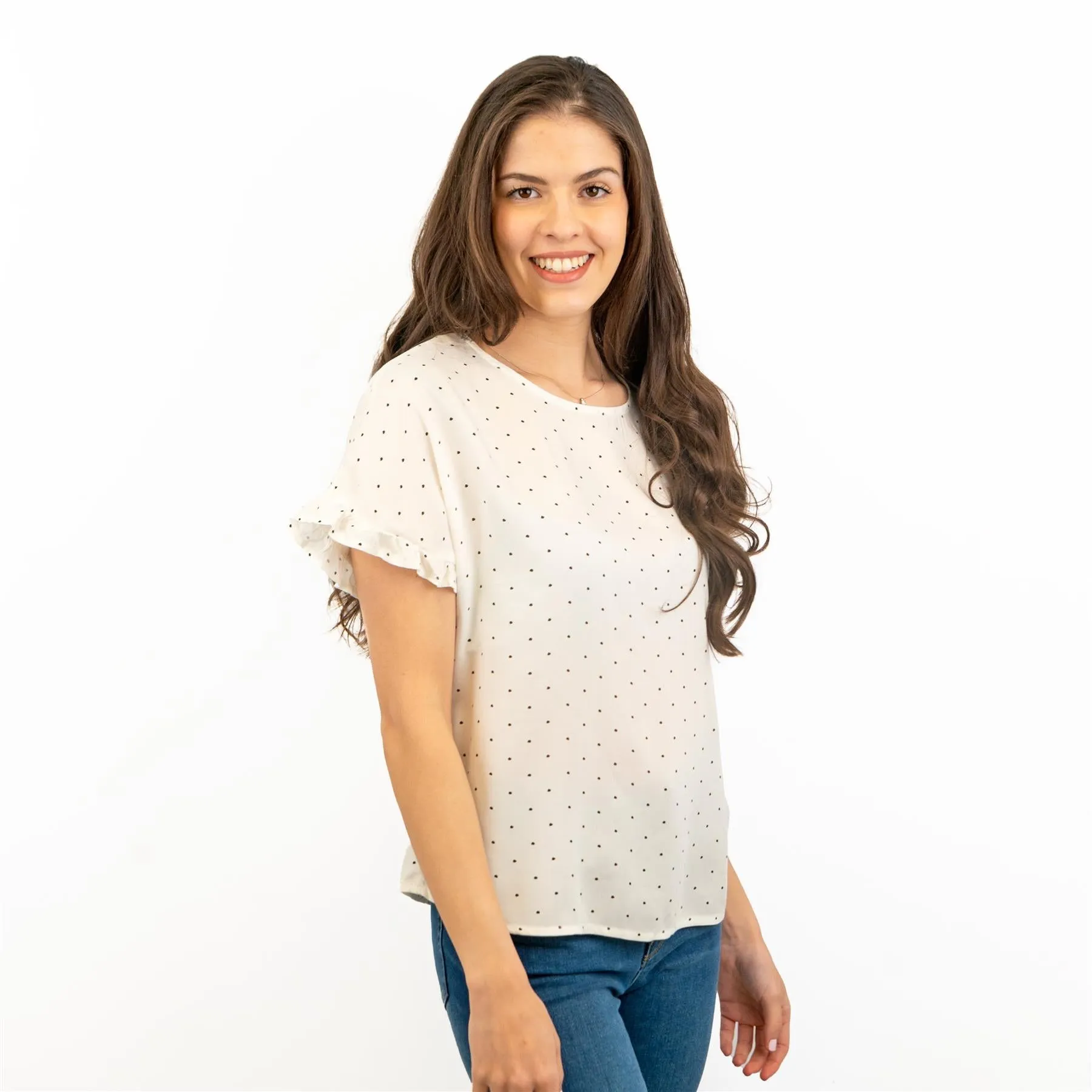 M&S Ivory Lightweight Blouse Frill Short Sleeve Round Neckline Spotty Polka Dot Tops