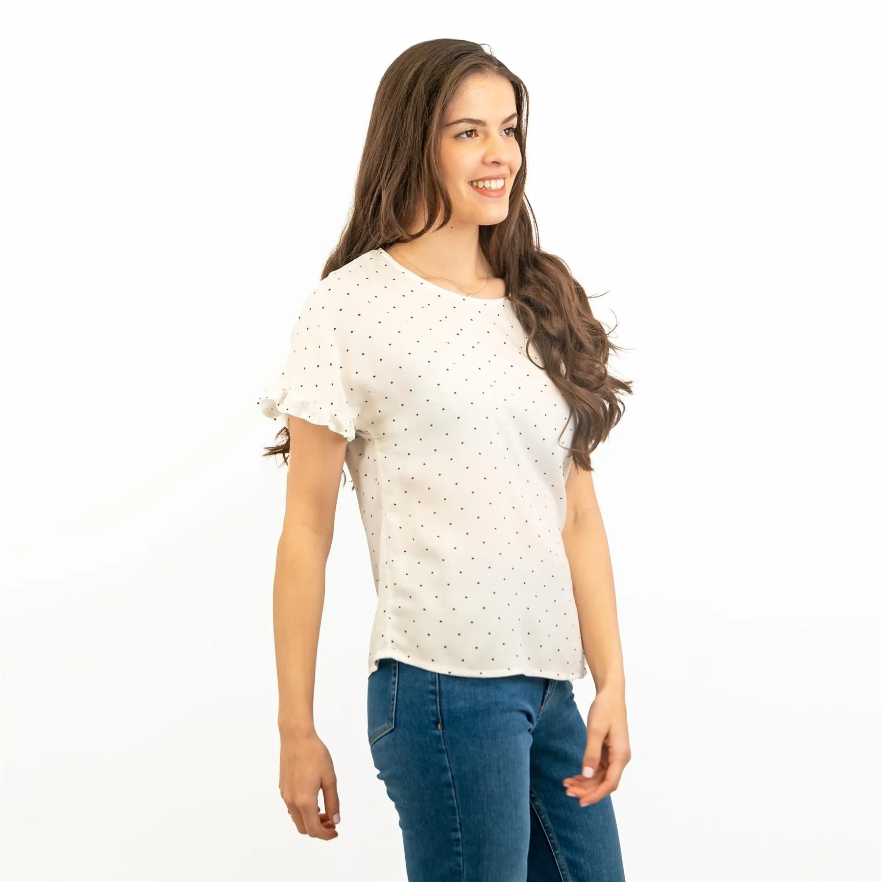 M&S Ivory Lightweight Blouse Frill Short Sleeve Round Neckline Spotty Polka Dot Tops