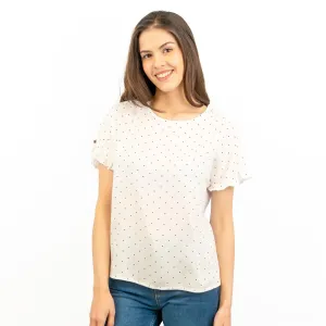 M&S Ivory Lightweight Blouse Frill Short Sleeve Round Neckline Spotty Polka Dot Tops