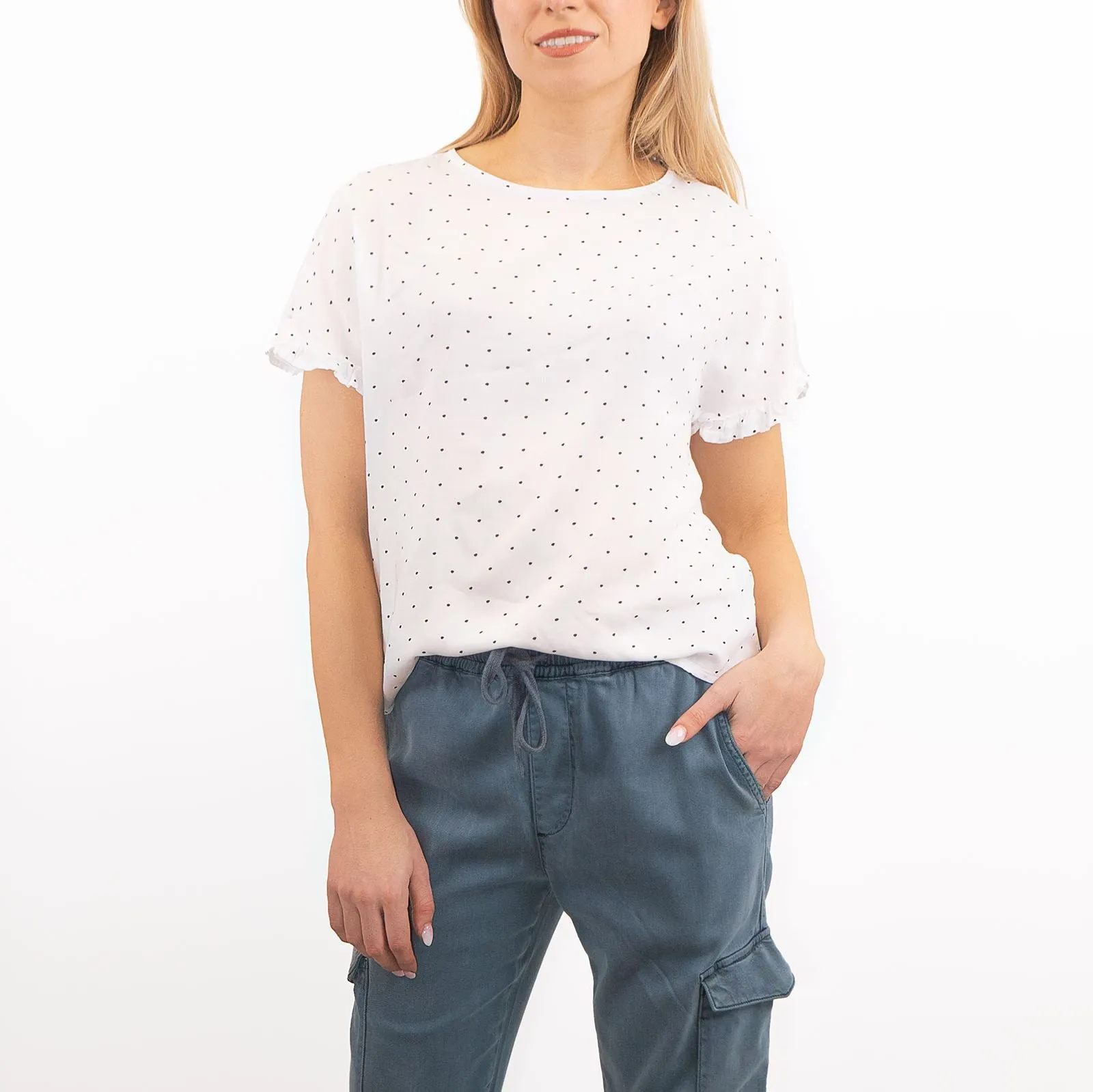 M&S Ivory Lightweight Blouse Frill Short Sleeve Round Neckline Spotty Polka Dot Tops