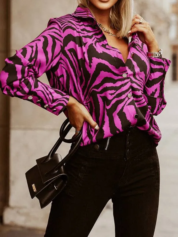 Printed Zebra-Stripe Lapel Blouse
