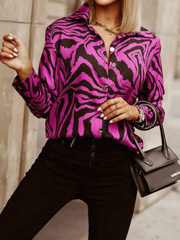 Printed Zebra-Stripe Lapel Blouse