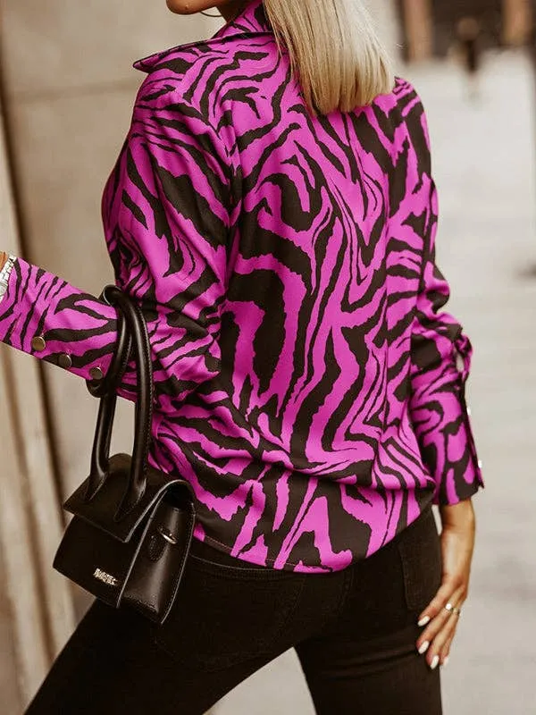 Printed Zebra-Stripe Lapel Blouse