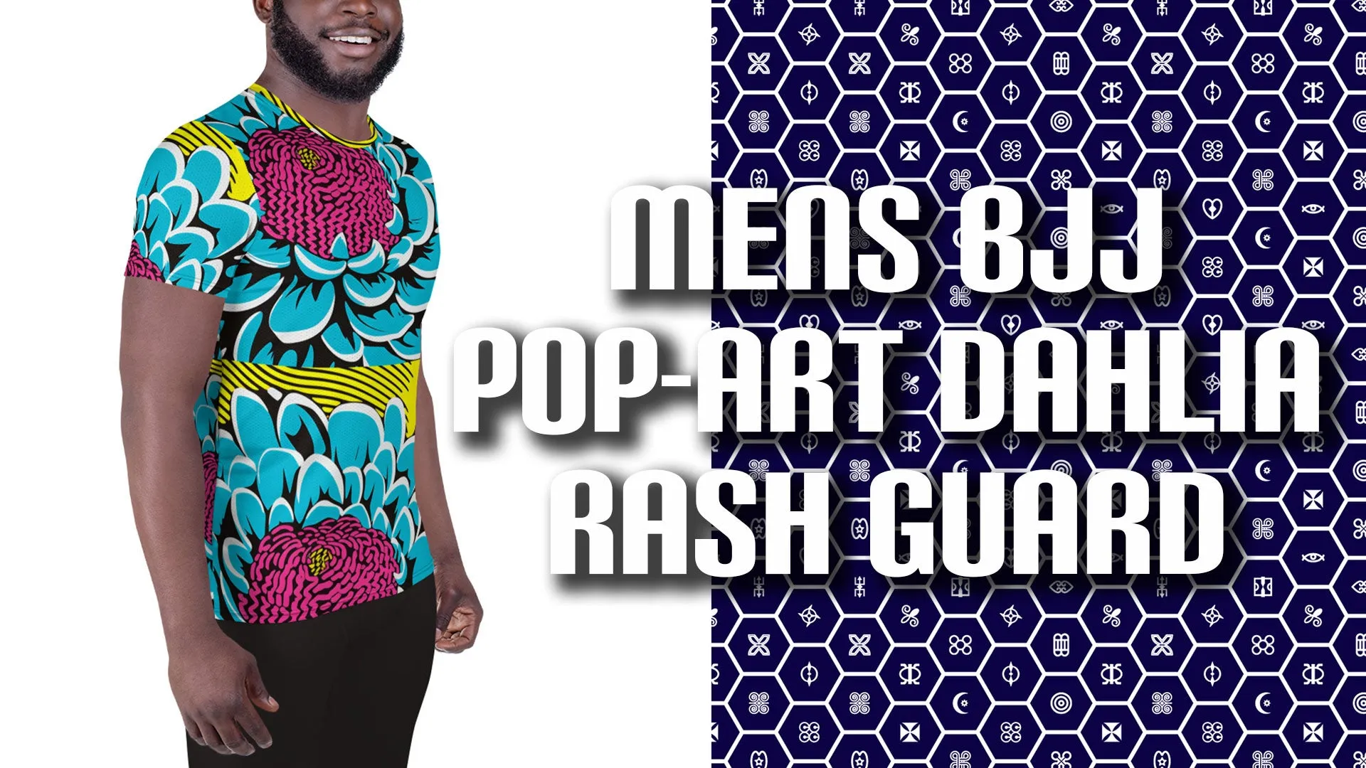 Upgrade Your Training Gear with Men's Pop Art BJJ Short Sleeve Rash Guard - Dahlia Print 002